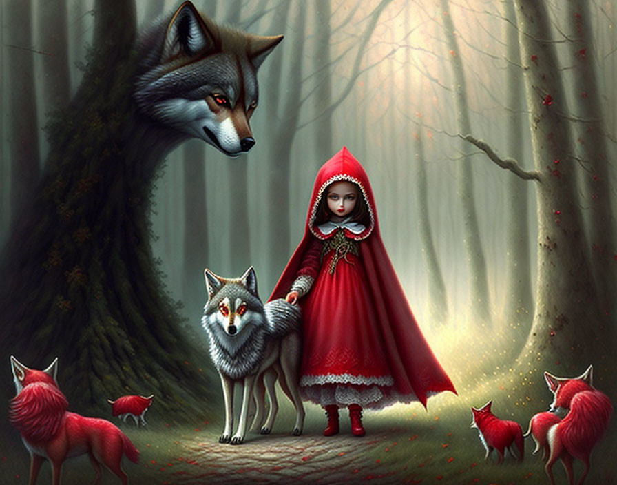 Girl in red cape with wolves in misty forest evokes fairy tale ambiance