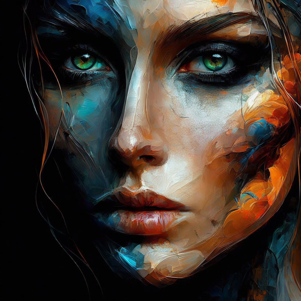 Vibrant abstract colors on a woman's face with striking green eyes