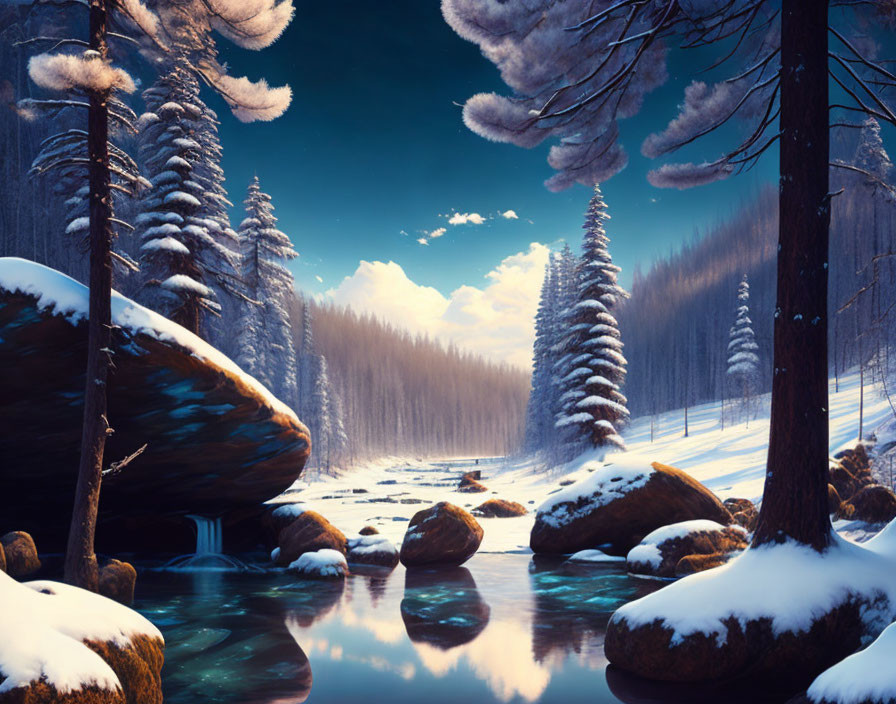 Snow-covered pine forest with gentle stream in serene winter landscape