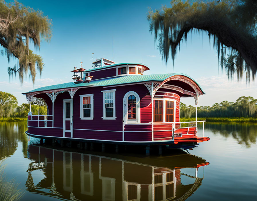 Purple and Red Houseboat with Upper Deck on Calm River on Sunny Day