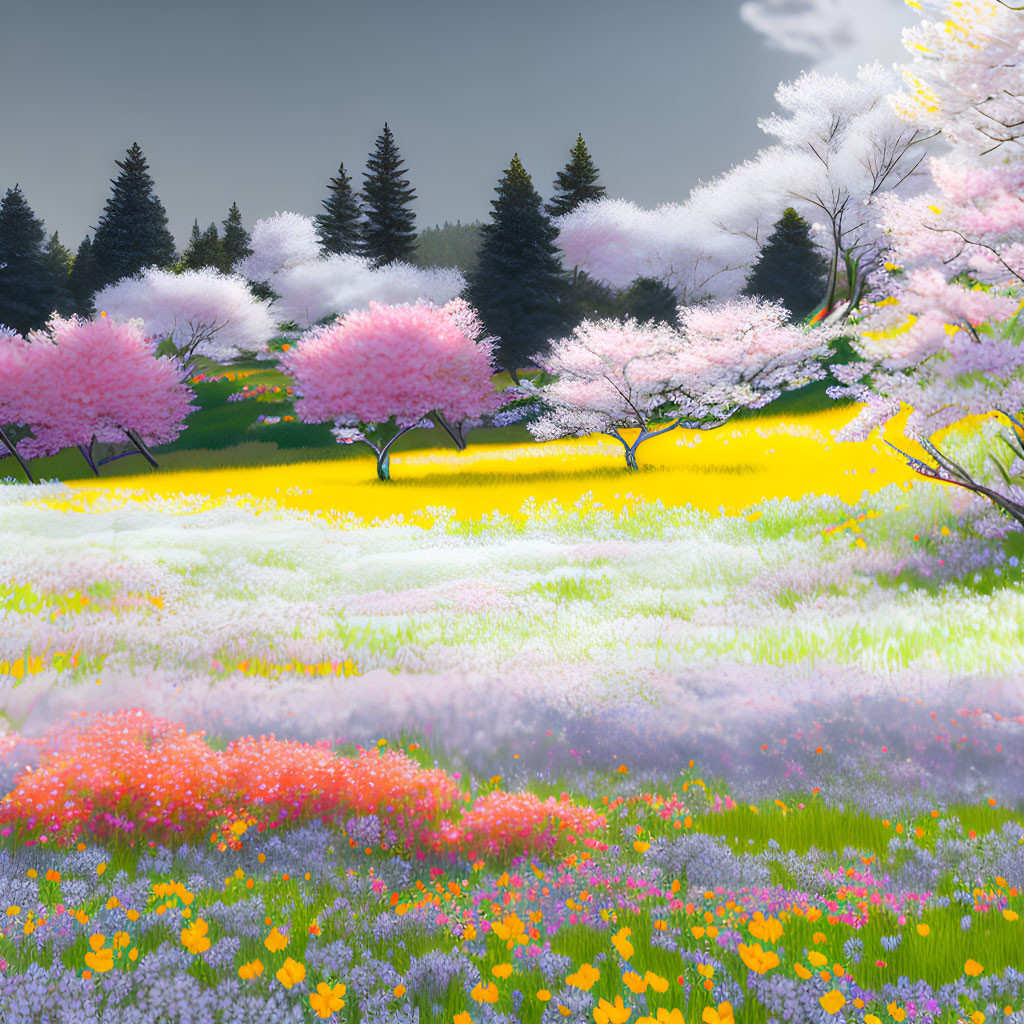 Colorful spring landscape with cherry trees, yellow flowers, and wildflowers.