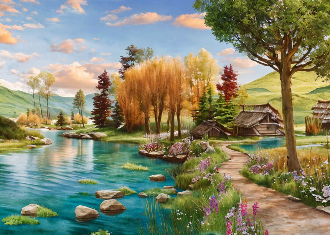 Tranquil landscape painting with river, flowers, trees, cottages, and stone path