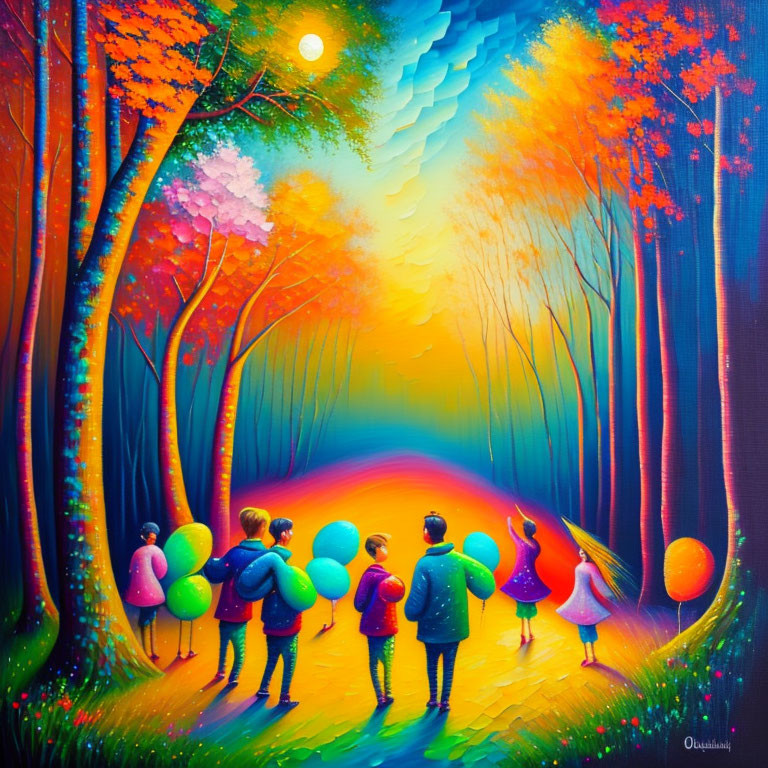 Colorful painting of seven children on forest path at twilight