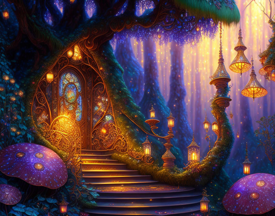 Enchanted forest with glowing mushrooms, ornate tree door, lanterns, and root-wrapped