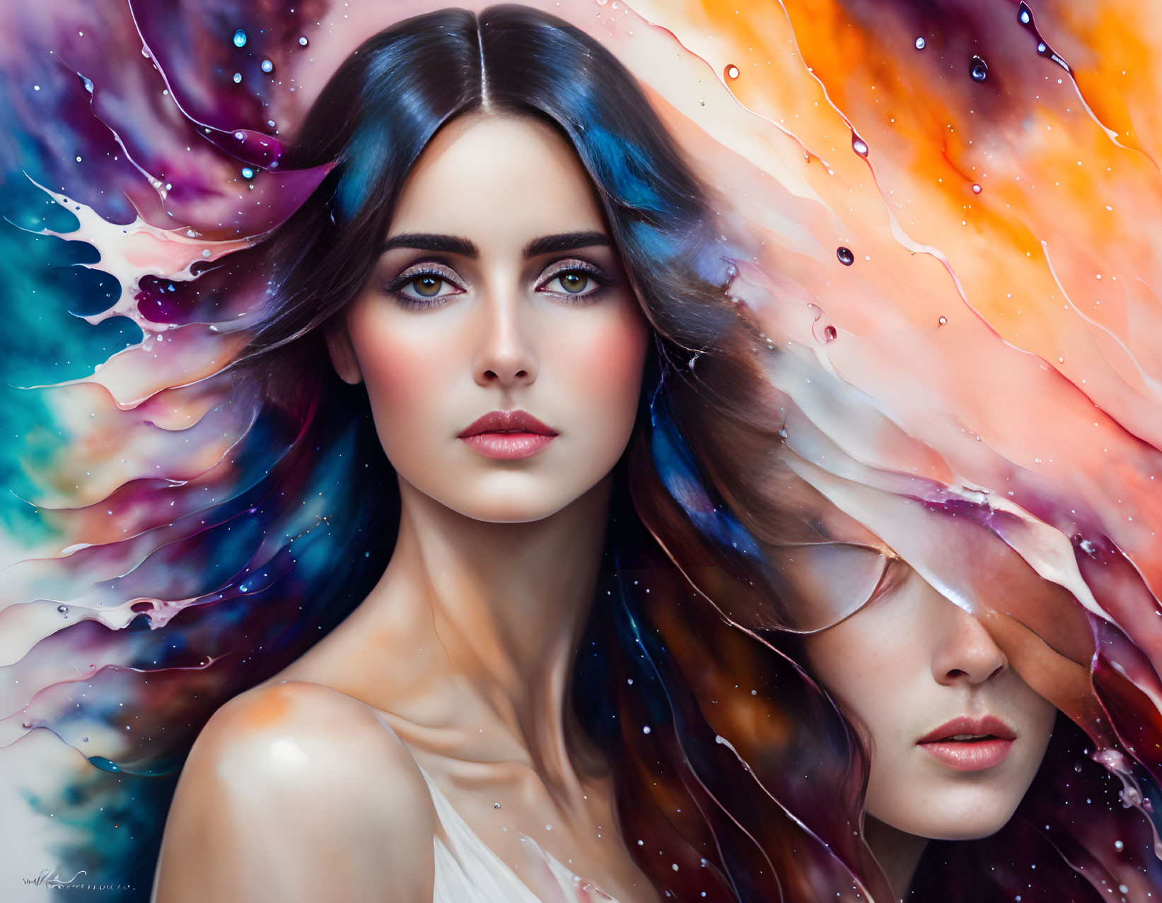 Striking blue eyes and cosmic hair blend in vibrant colors