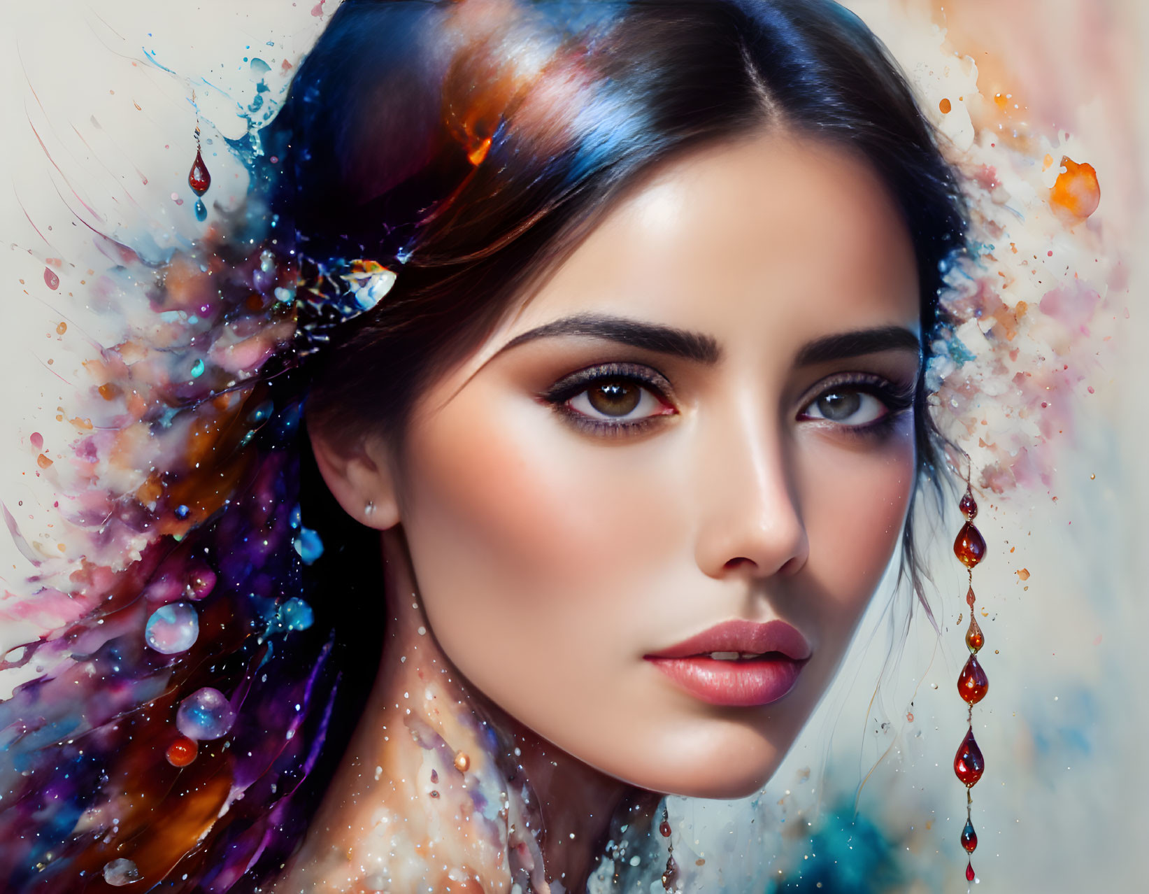 Abstract digital painting of woman with vibrant colors merging with dark hair