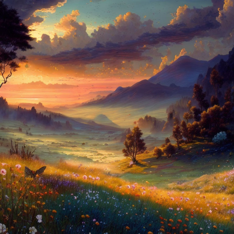 Serene sunrise landscape with rolling hills and colorful flora