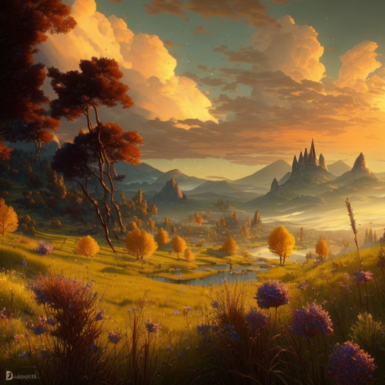 Serene landscape at golden hour with amber trees, river, hills, and mountains