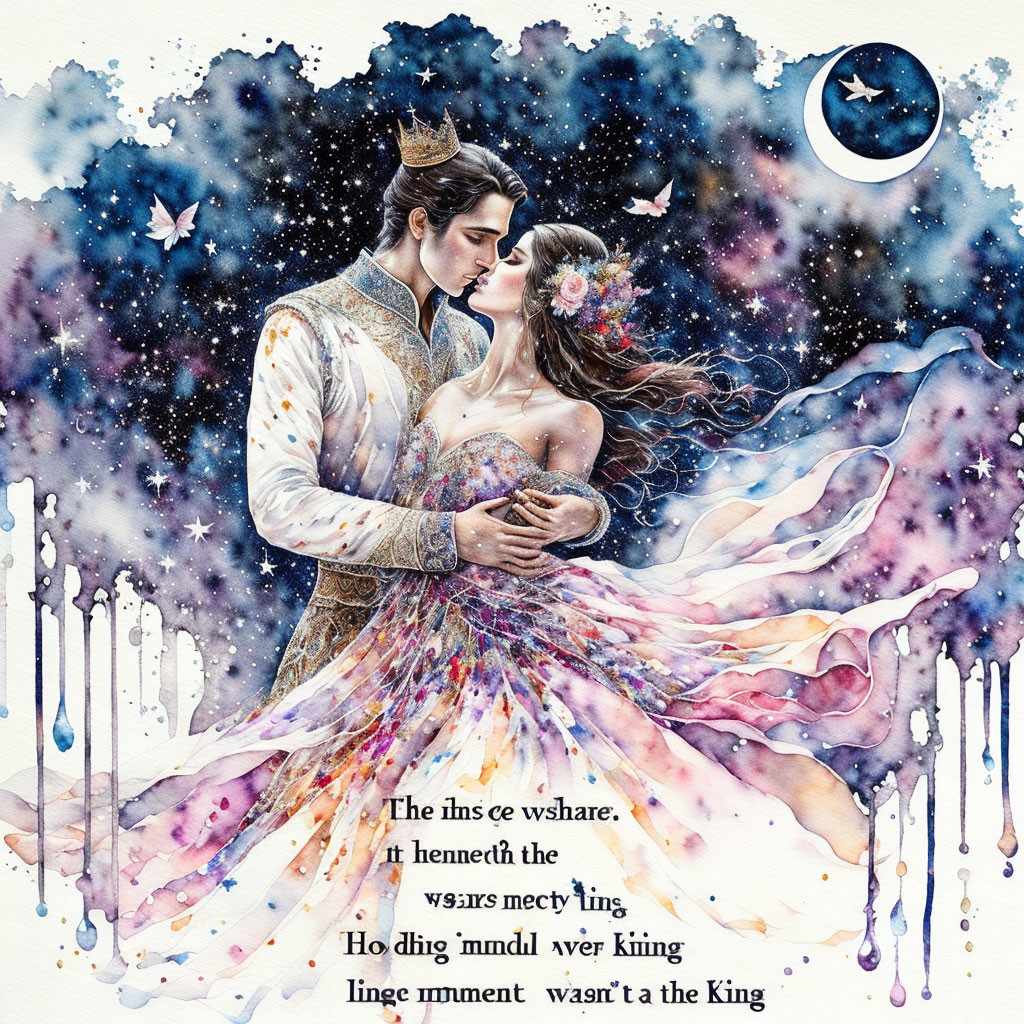 Fantastical watercolor illustration of royal couple embracing in cosmic attire