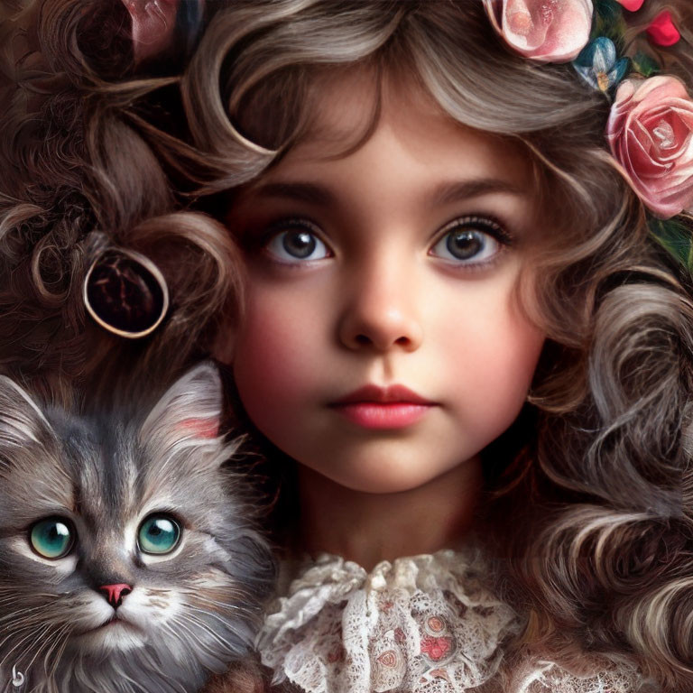 Girl with Blue Eyes and Curly Hair with Flower Adornments, Next to Grey Cat