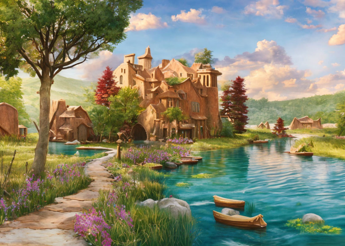 Rustic village by tranquil river and lush trees