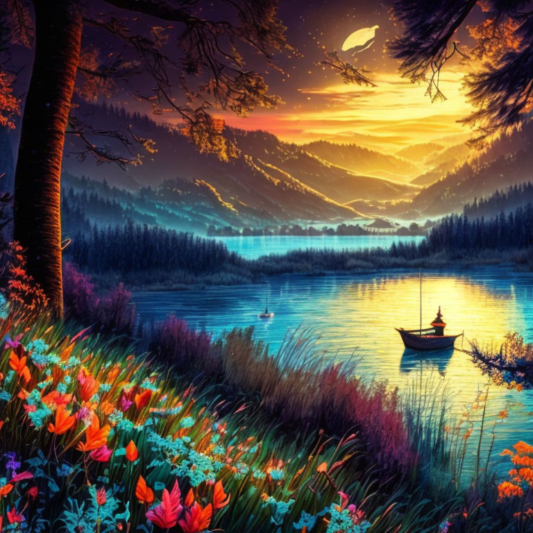 Scenic sunset over river with boat, mountains, and crescent moon