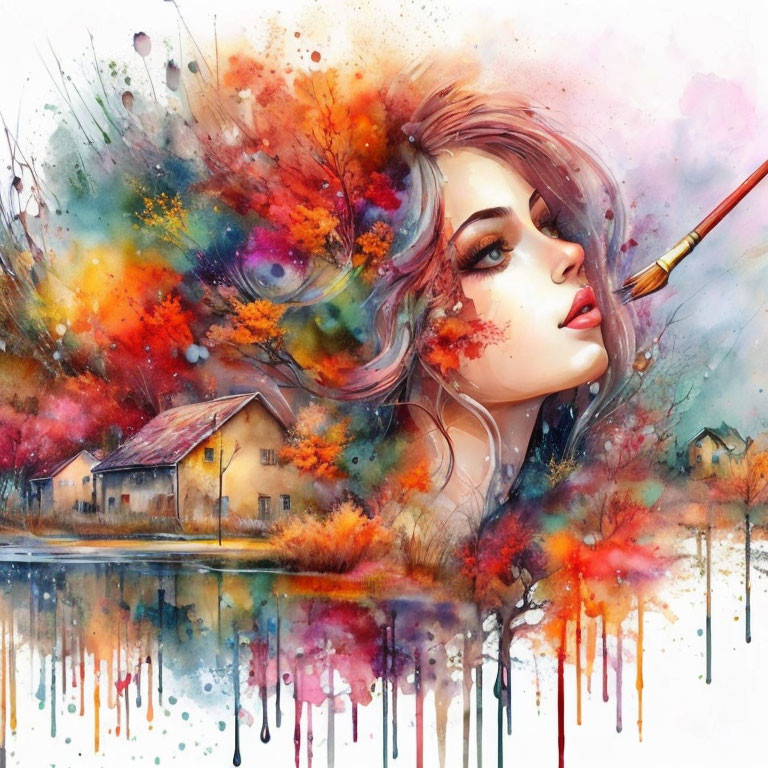 Colorful autumnal landscape merges with woman's face in vibrant image