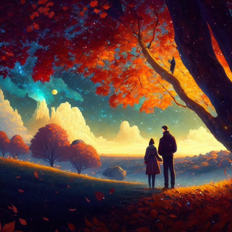 Couple admiring vibrant autumn tree in fantastical landscape