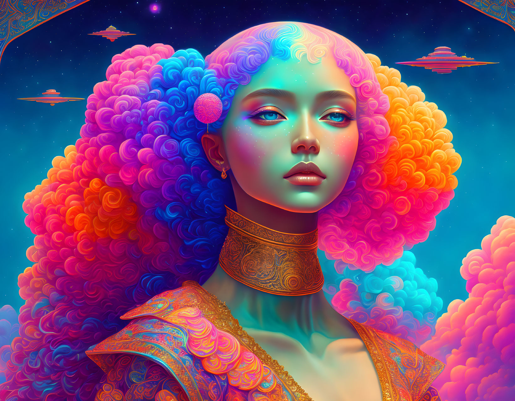 Colorful digital artwork: Woman with voluminous hair in cosmic setting