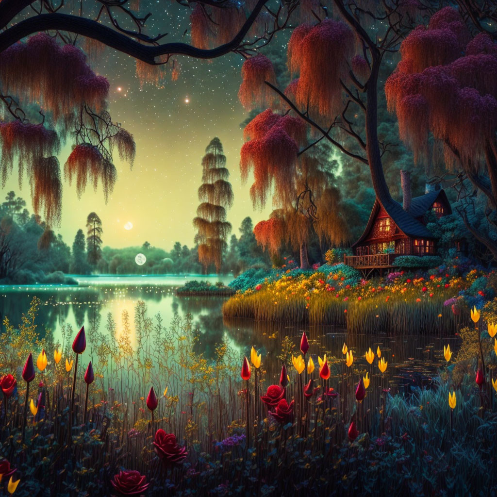 Mystical twilight scene: cottage, lake, flowers, willows, starry sky