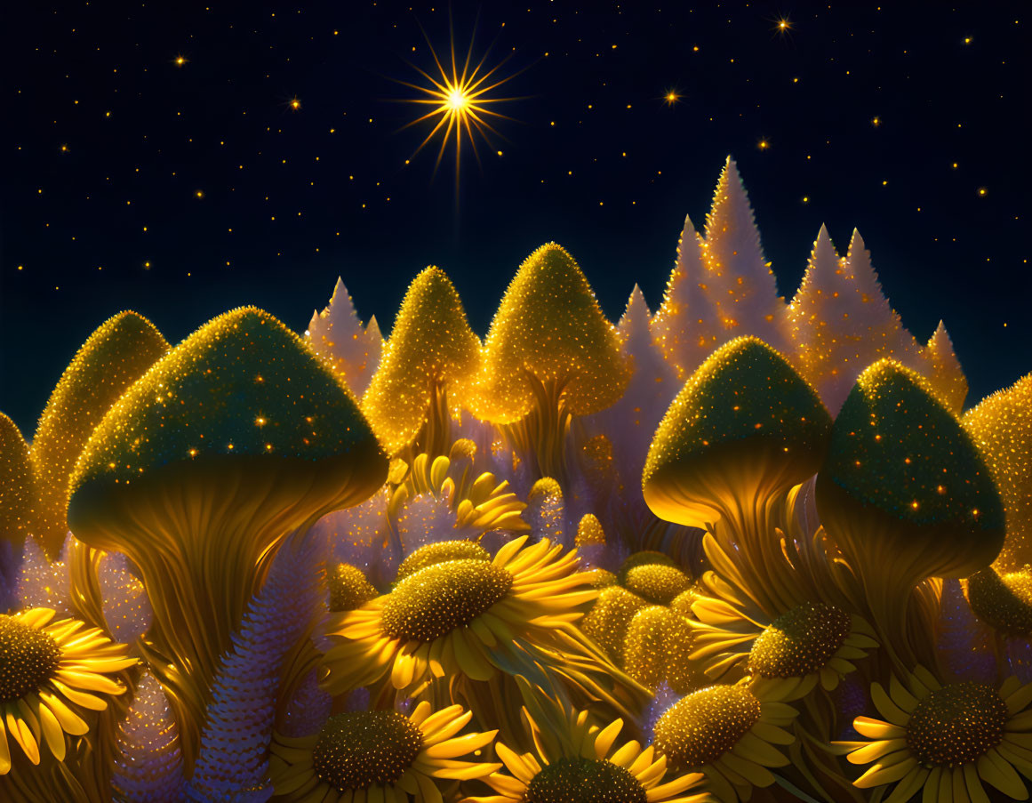 Enchanted night scene with oversized glowing mushrooms and sparkling sunflowers