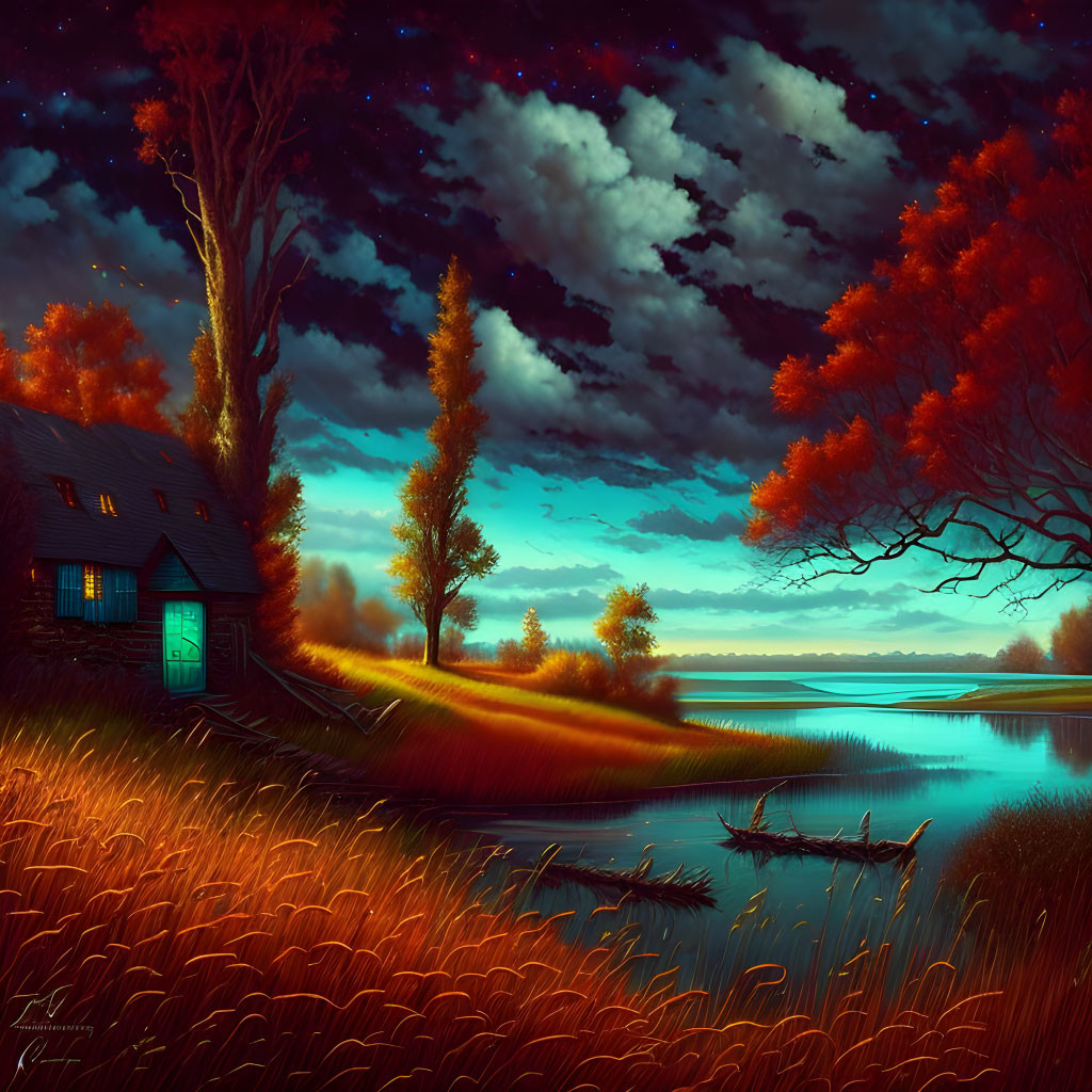 Digital artwork: Serene twilight scene with small house, lake, autumn trees, starry sky