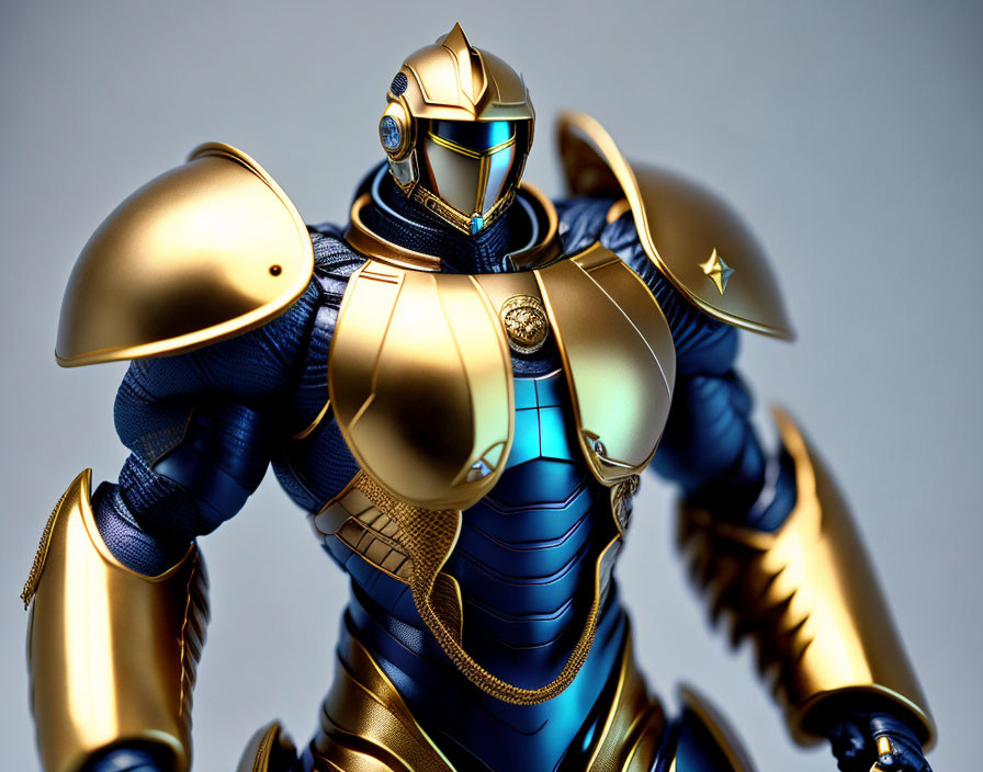 Detailed figurine in shiny blue and gold armor with futuristic design and blue visor helmet.