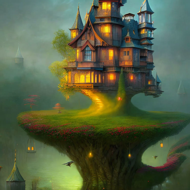 Fantastical treehouse with towers, illuminated windows, fog, greenery, and flying birds