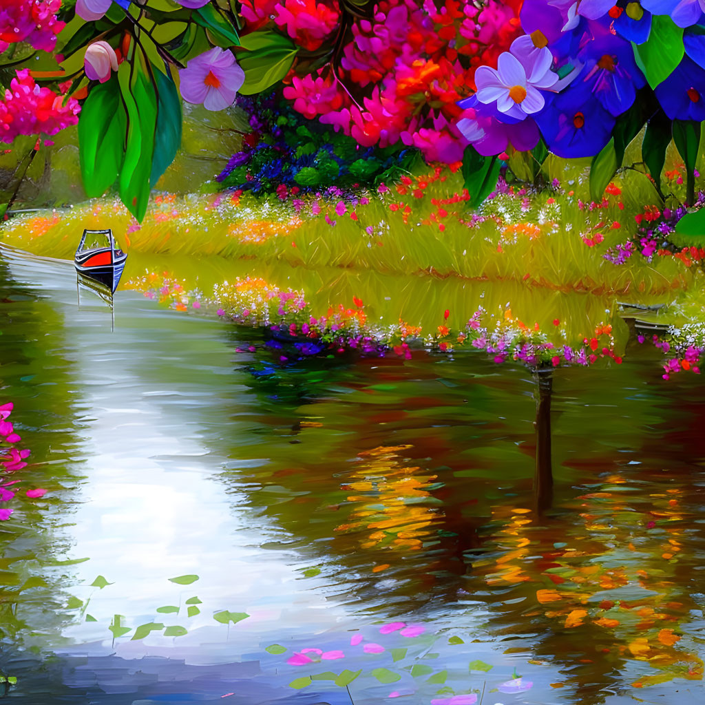 Colorful digital painting of small boat on reflective river with lush flowers.