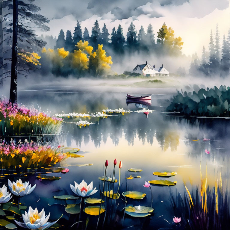 Tranquil lake with water lilies, boat, misty houses, autumn trees.