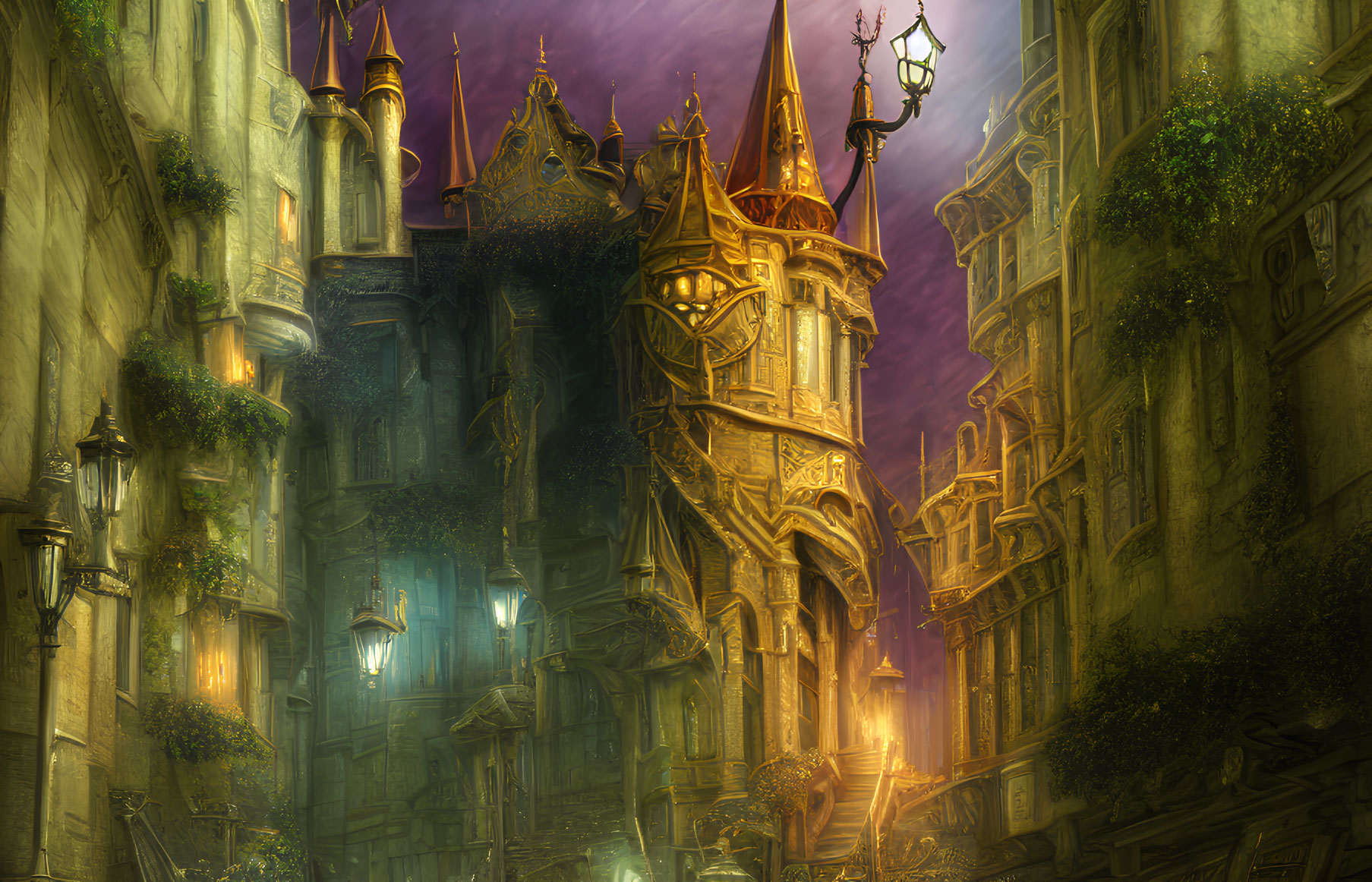 Gothic fantasy cityscape with golden-lit buildings and twilight sky