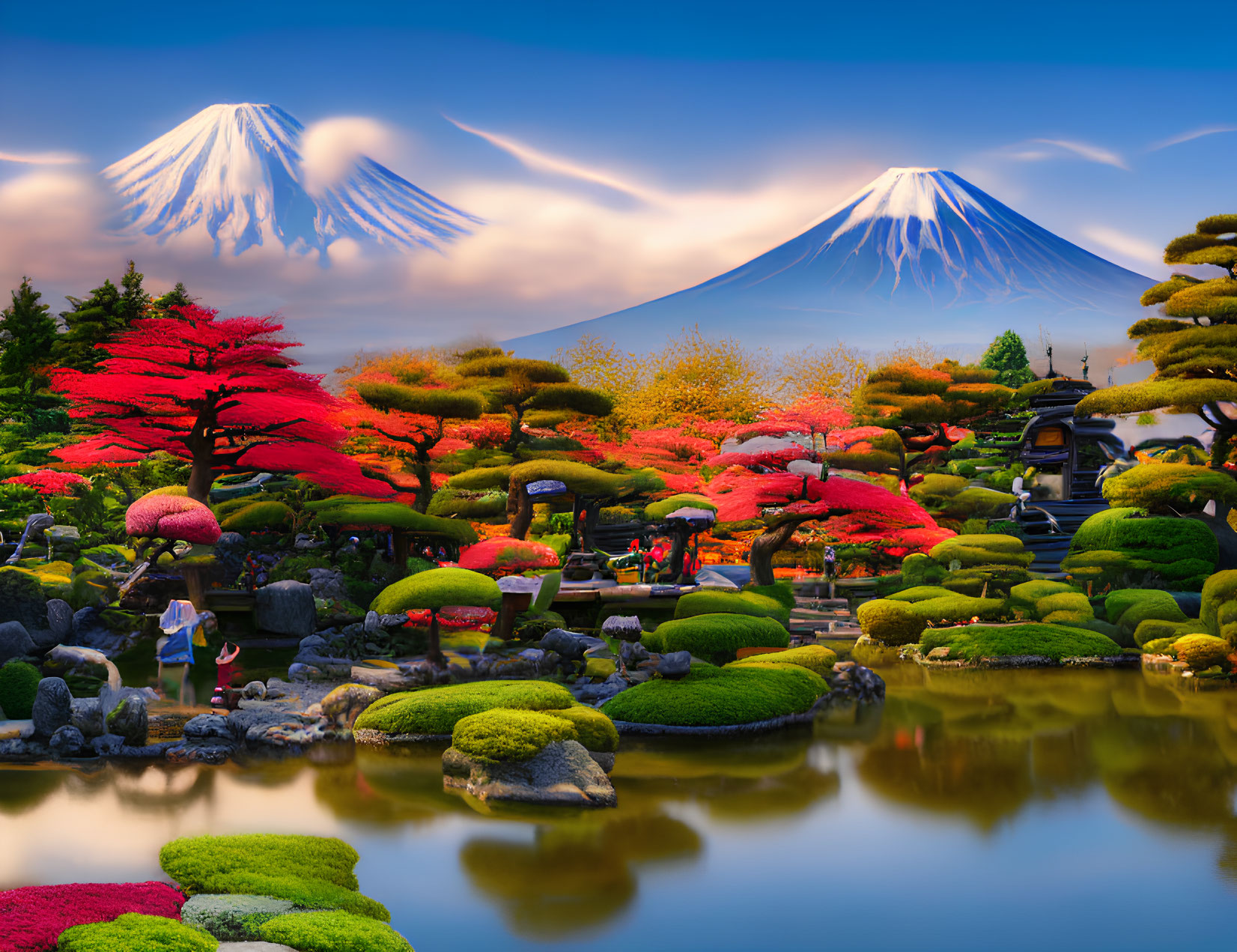 Japanese garden with autumn foliage and Mount Fuji silhouettes