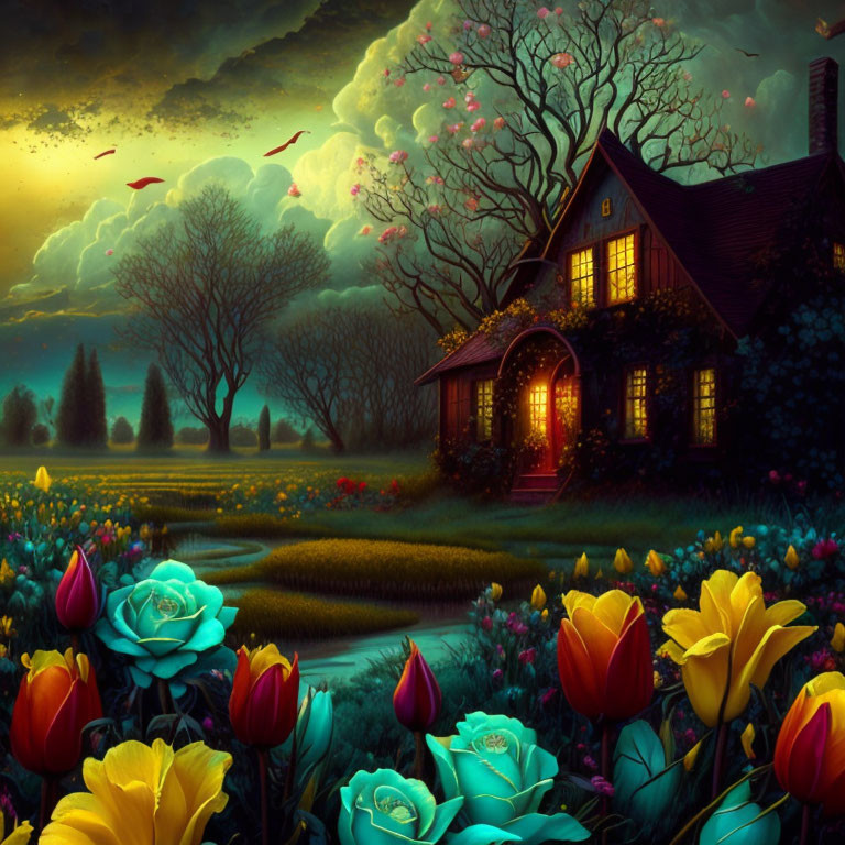 Cozy house surrounded by flowers at dusk with colorful sky