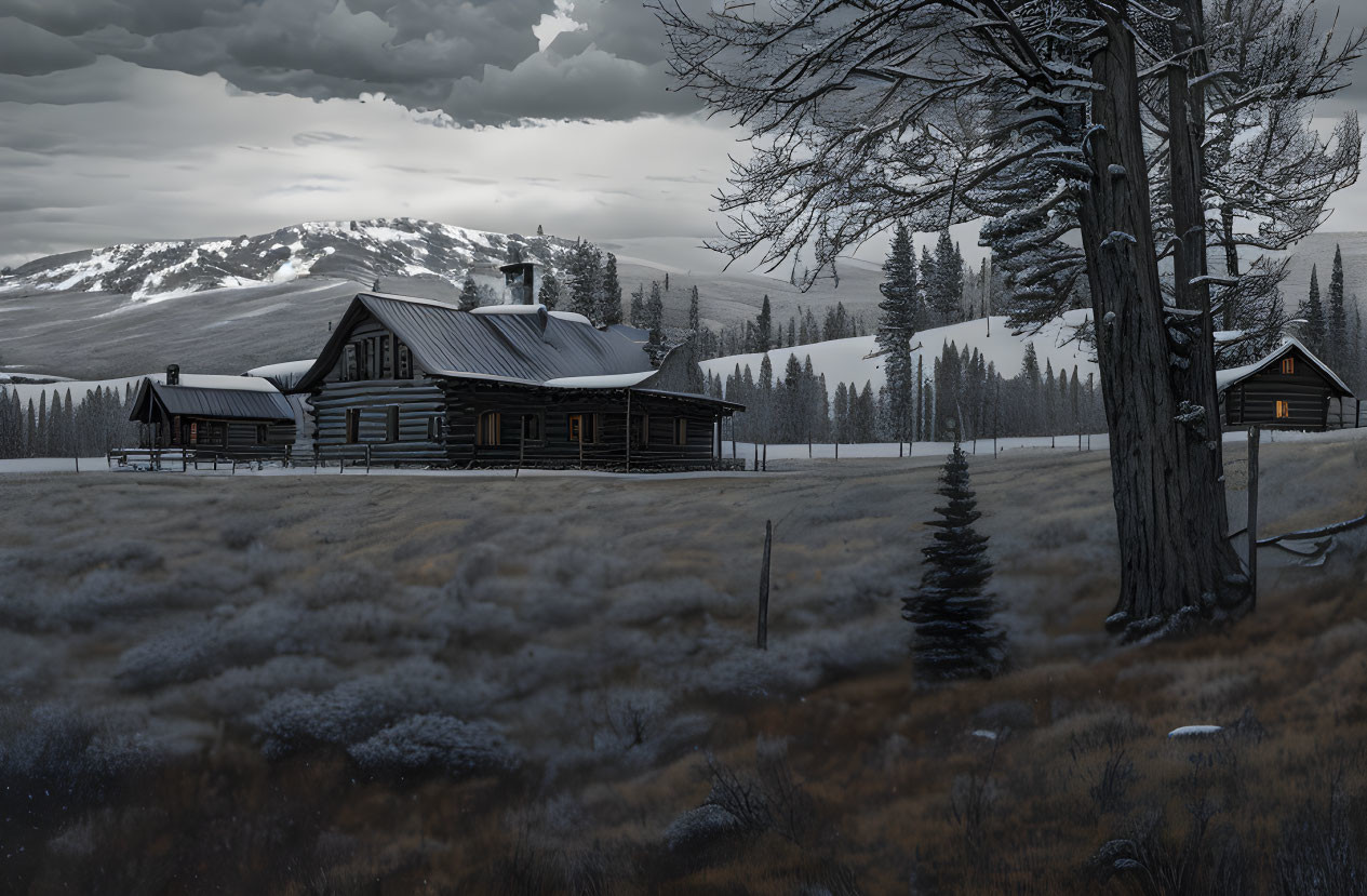 Snow-covered log cabin in serene winter landscape