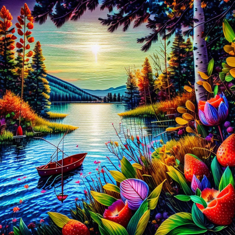 Colorful sunset painting: serene lake, red boat, lush flora