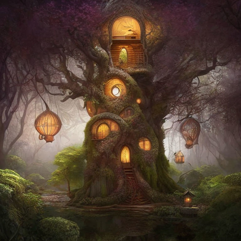 Enchanting treehouse in mystical forest with glowing windows