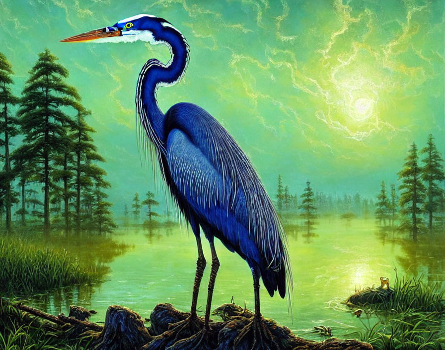 Colorful artwork featuring a blue heron in lush landscape