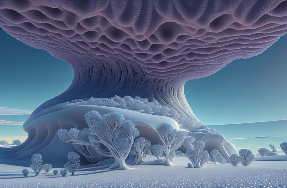 Surreal landscape with stylized tree-like structures under large cloud-like canopy