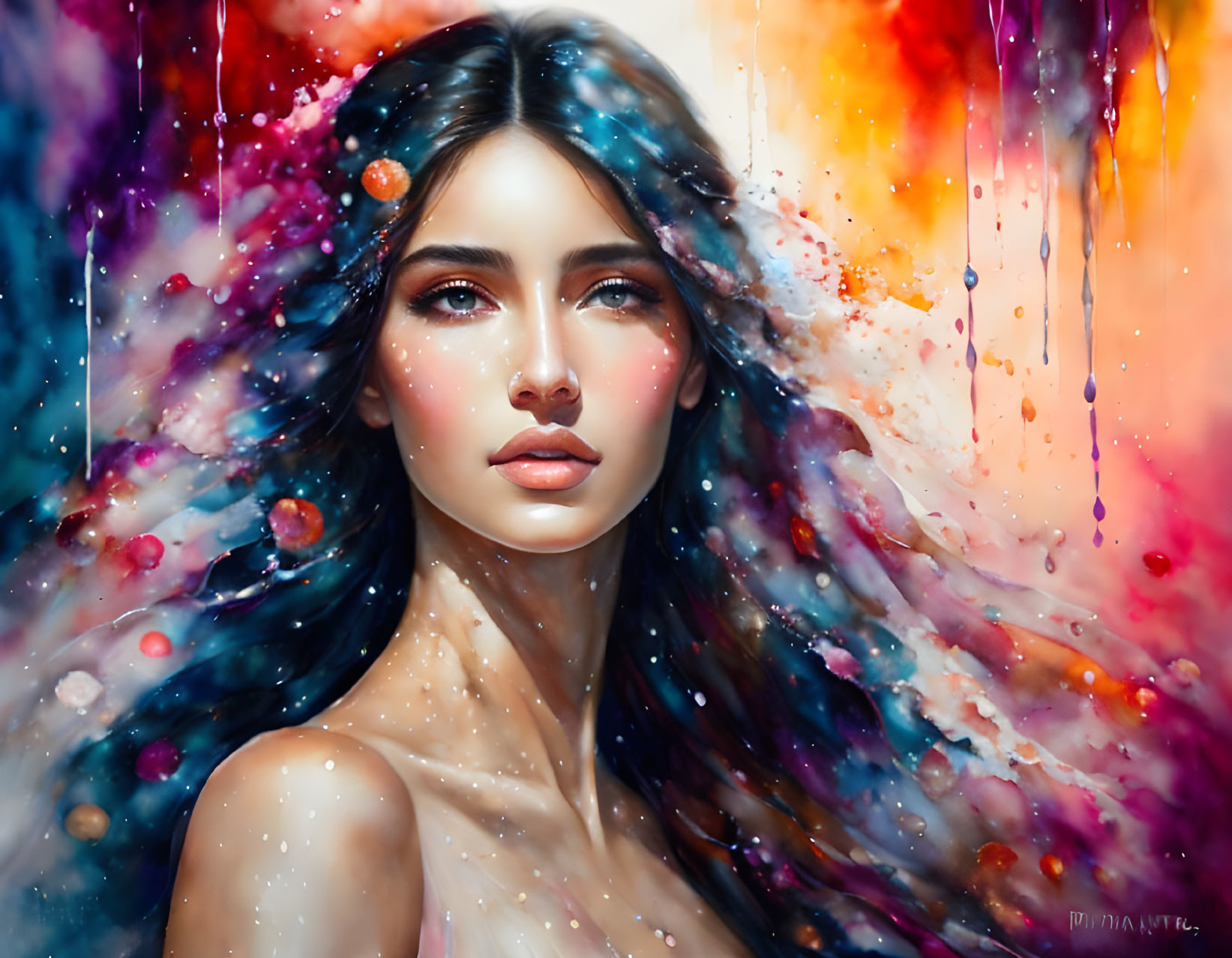 Colorful digital painting of woman in cosmic splash.