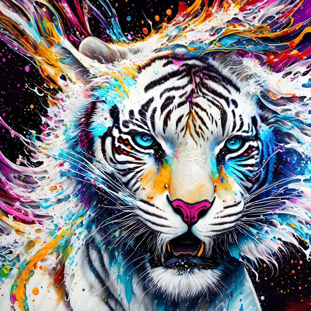 Colorful White Tiger Face Artwork with Psychedelic Paint Splashes