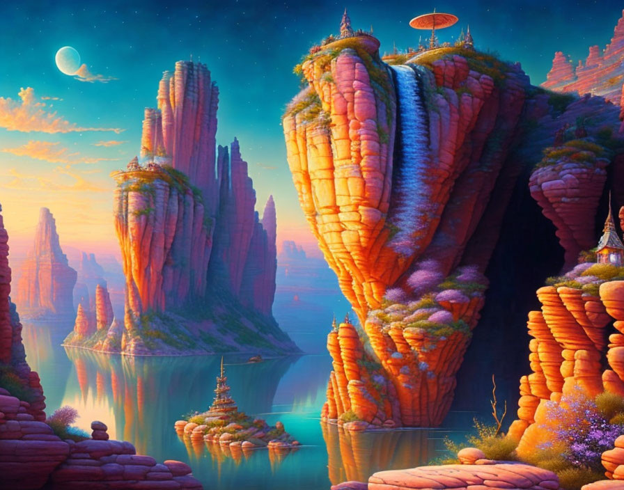 Majestic orange-pink rock formations in serene twilight landscape