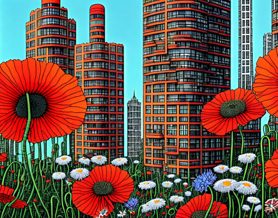 Colorful red poppies and white flowers against cityscape backdrop