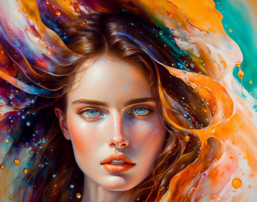 Colorful portrait of a woman with flowing hair in cosmic setting