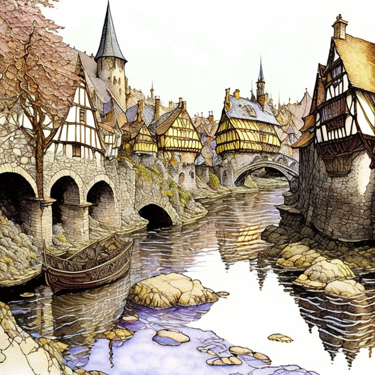 Medieval village illustration with half-timbered houses, stone bridge, boat, and castle towers