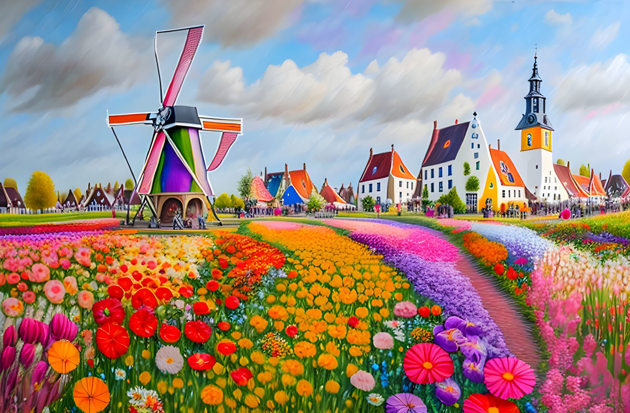 Vibrant Dutch village painting with windmill and flower fields