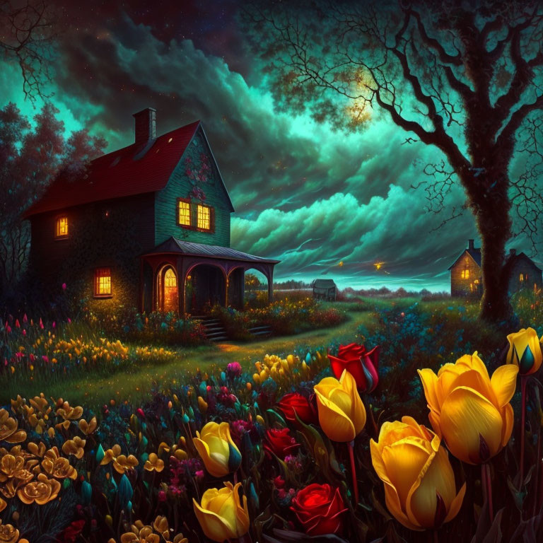 Digital artwork of cozy cottage in lush garden at twilight