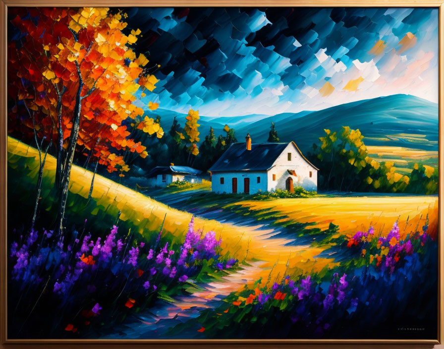 Vibrant autumn rural landscape painting with white house and dynamic sky