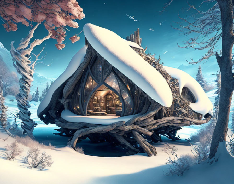 Snow-covered fantasy cottage in twilight winter landscape