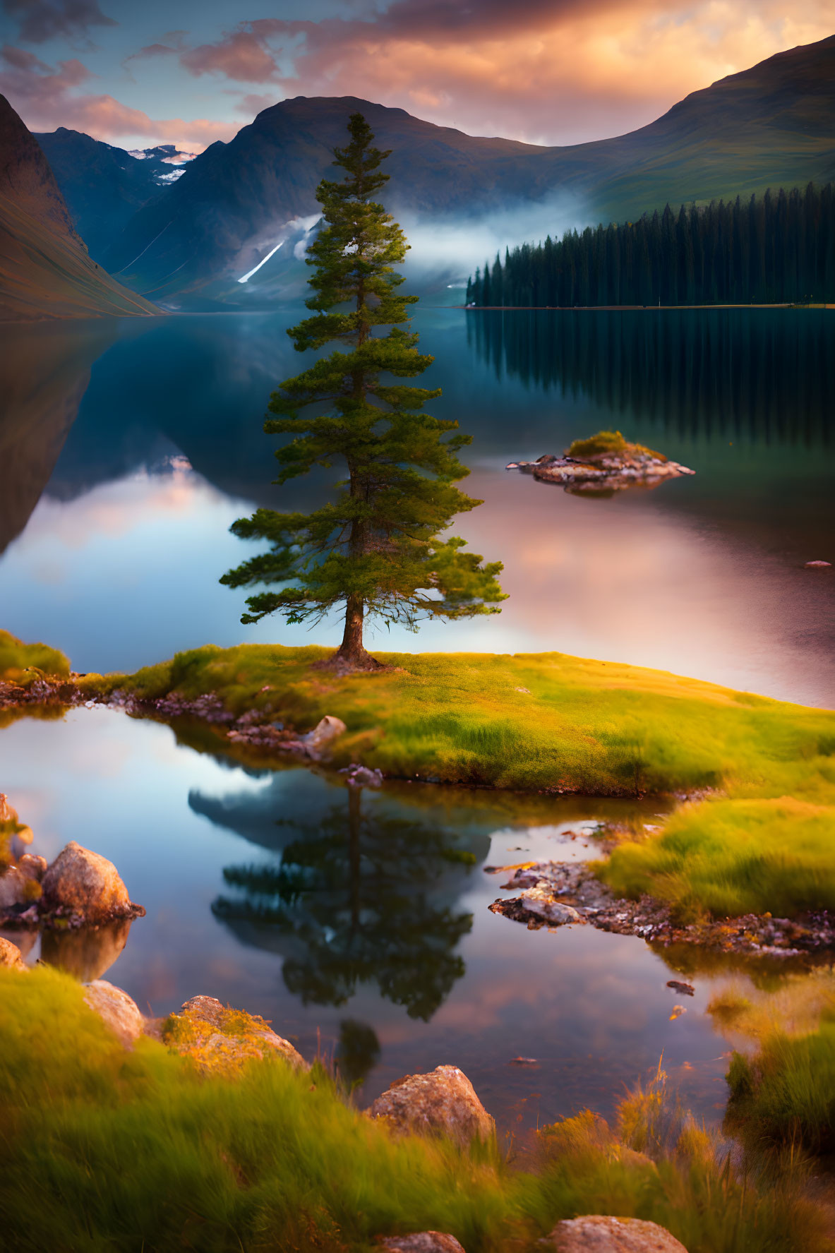 Serene sunset scene: solitary tree on grassy peninsula by mountain lake.