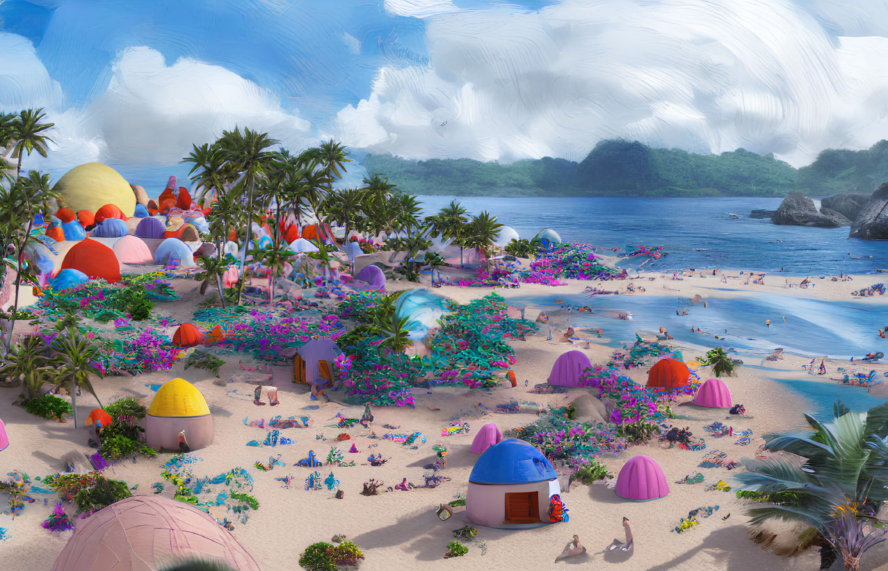 Vibrant beach scene with colorful domed structures, lush flora, and people enjoying seaside ambiance