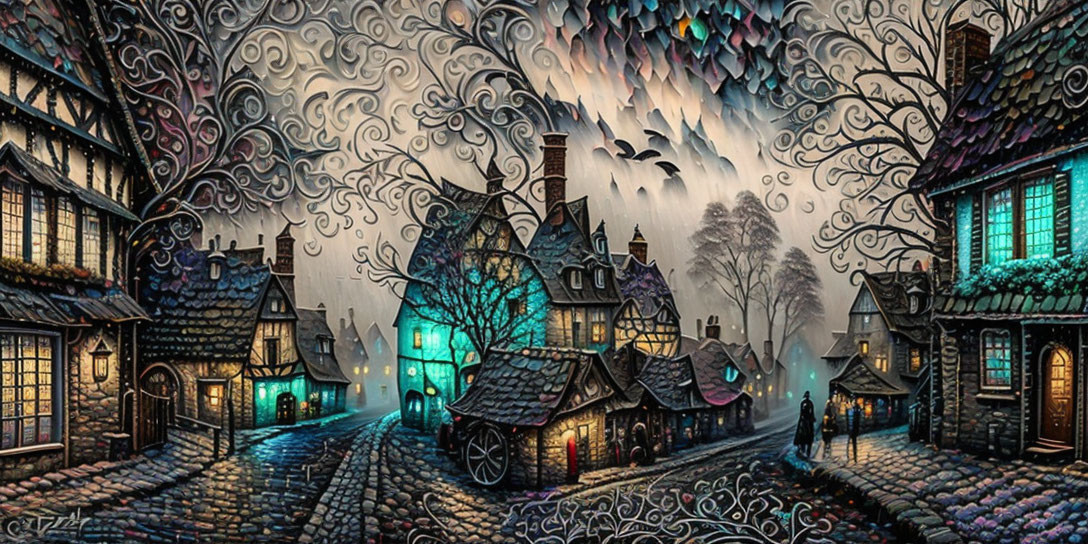 Whimsical night scene of cobblestone village with swirl patterns and flying birds.