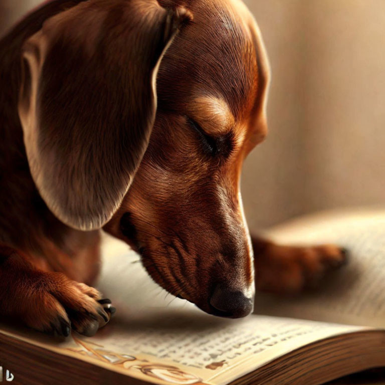 Brown Dachshund Reading Book Closely