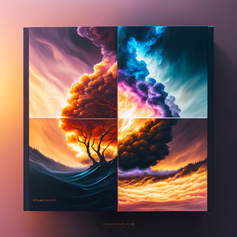 Vibrant Four-Panel Artwork of Nature Scenes with Tree Motif