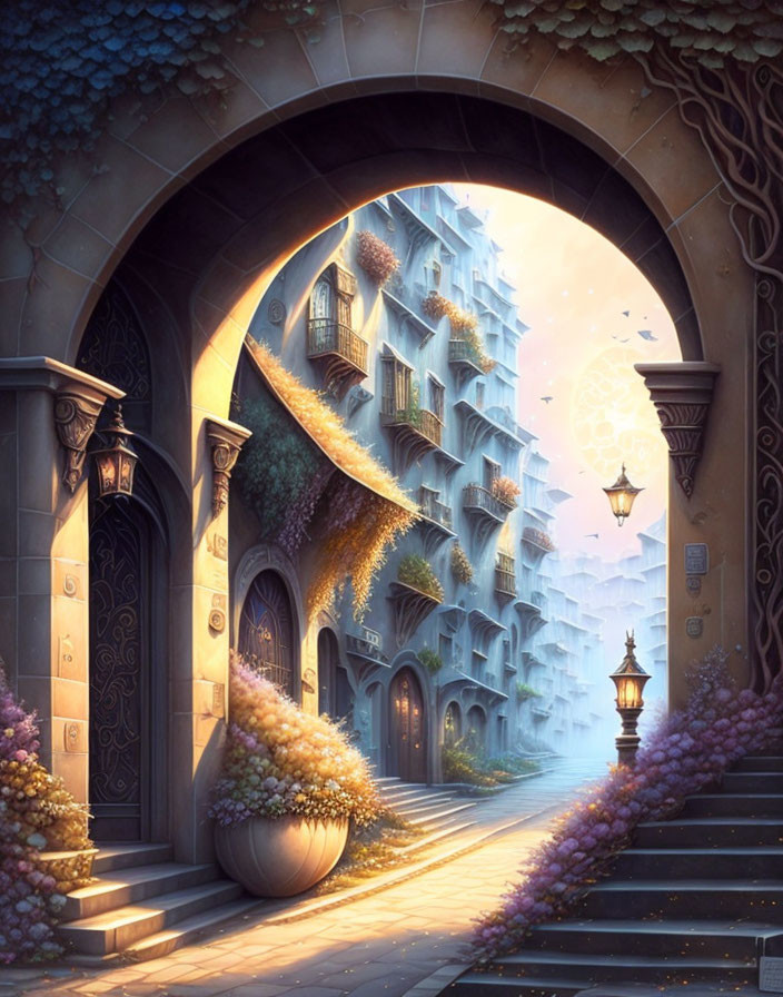 Enchanting archway leads to whimsical fairytale street with purple flowers and sunset sky